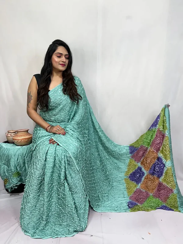 Pure Modal Silk Barik Bandhej Lagdi Pallu Bandhani Saree - Sky blue